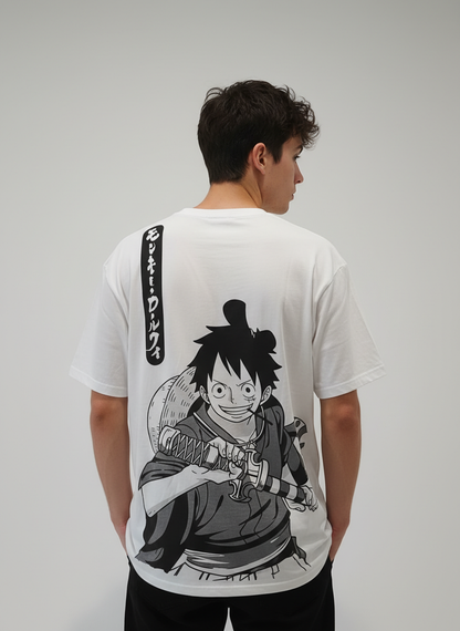 T-Shirt One Piece Doflamingo Back Print Blanc - Oversize
