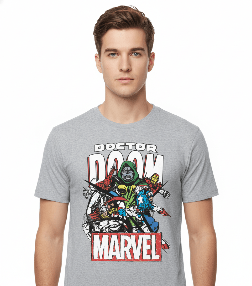T-shirt gris Marvel Doctor Doom avec portrait graphique de super-héros