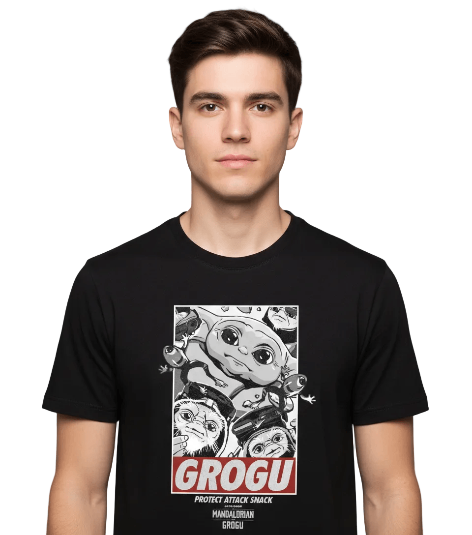 T-shirt Mandalorian Grogu, design noir et blanc, style Star Wars, collection