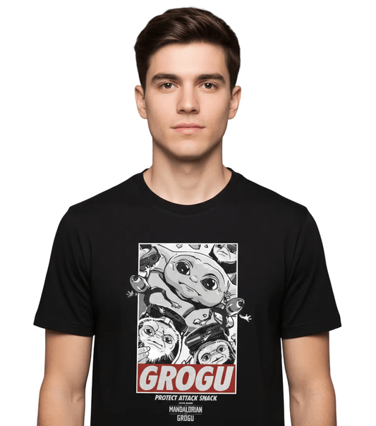 T-shirt Mandalorian Grogu, design noir et blanc, style Star Wars, collection
