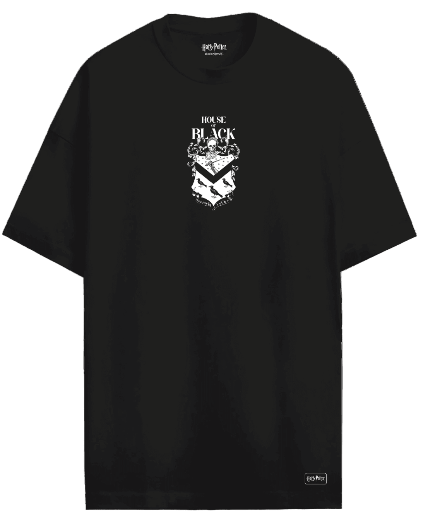 T-shirt Harry Potter Officiel – House of Black noir avec blason de la famille Black imprimé en blanc sur le devant, col rond en coton 100%.
