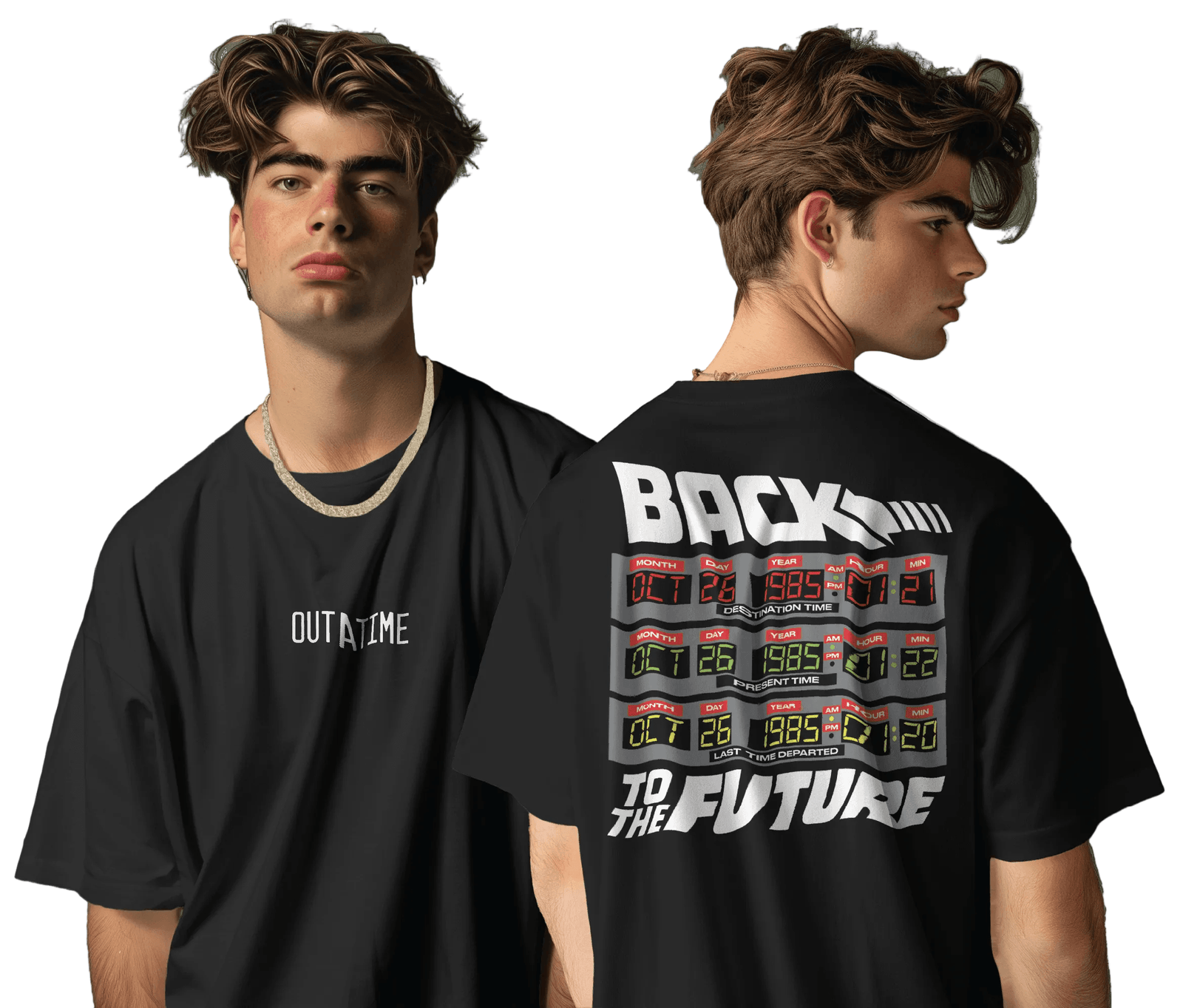 T-shirt Retour vers le Futur OFFICIEL Dates Voyage noir porté par un modèle, avec logo OUTATIME devant et dates temporelles illustrées au dos.