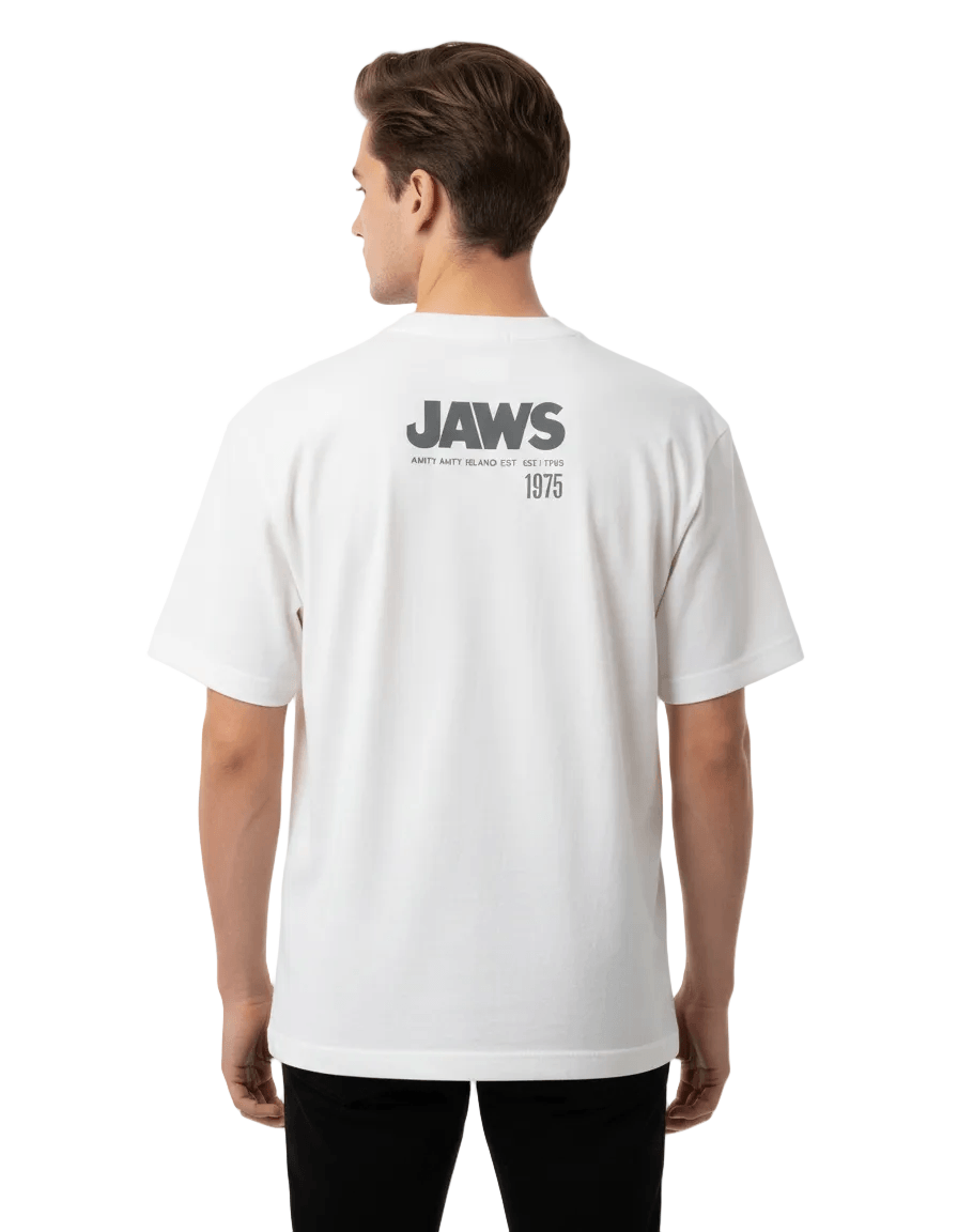 T-shirt blanc Jaws avec logo et année 1975, style mode homme